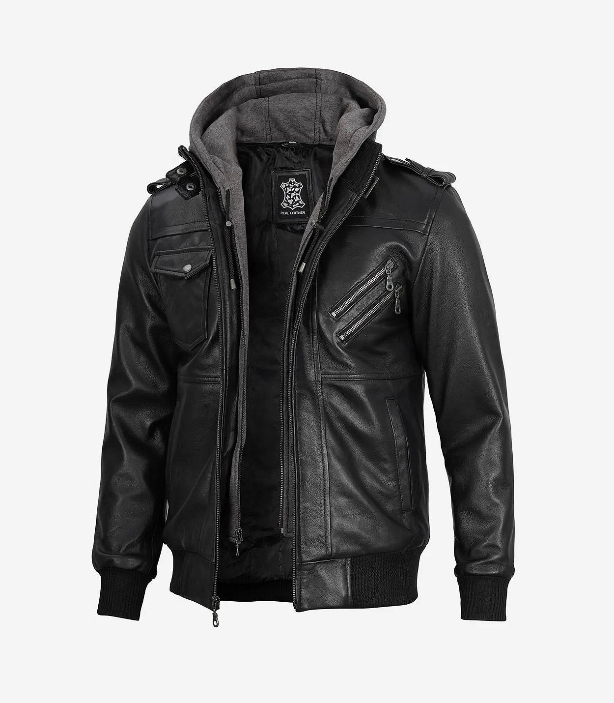 Men'S Black Leather Jacket With Grey Removable Hood