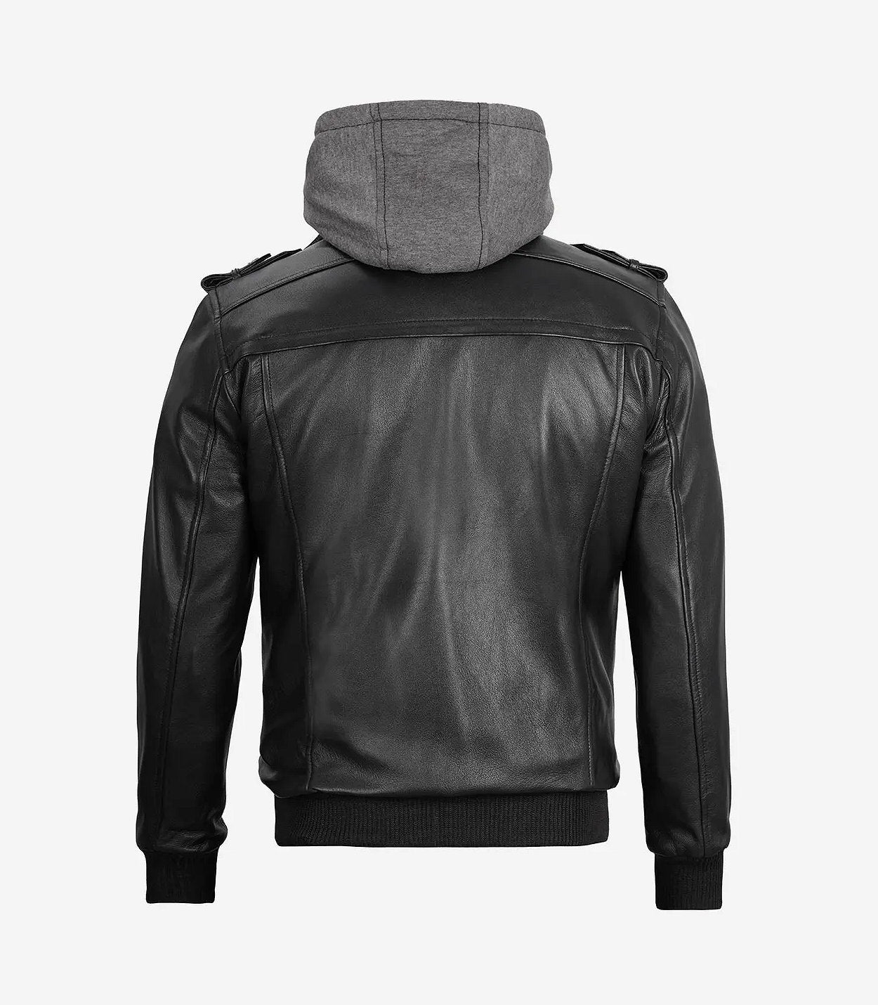 Men'S Black Leather Jacket With Grey Removable Hood