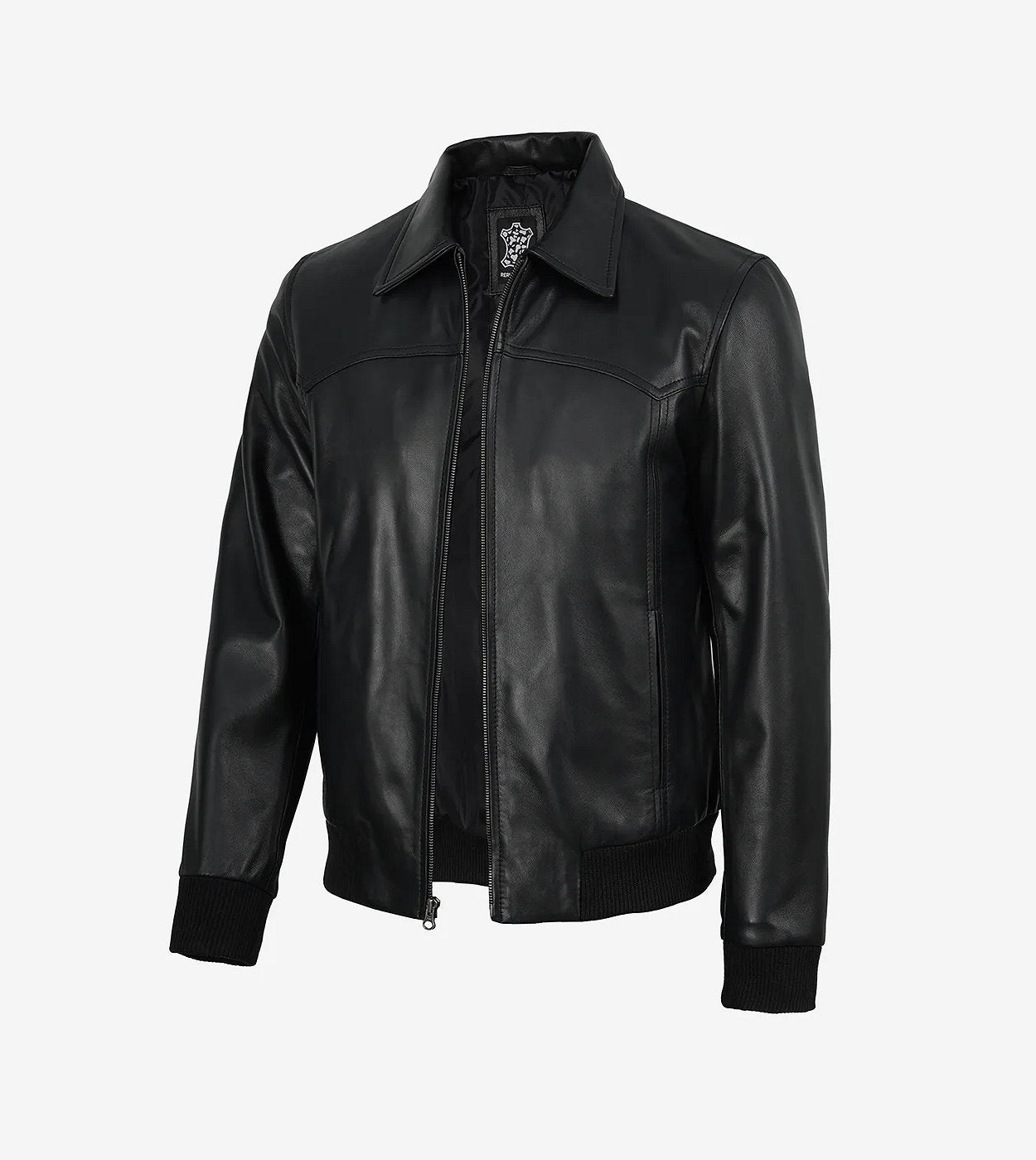 Men'S Black Shirt Collar Leather Bomber Jacket