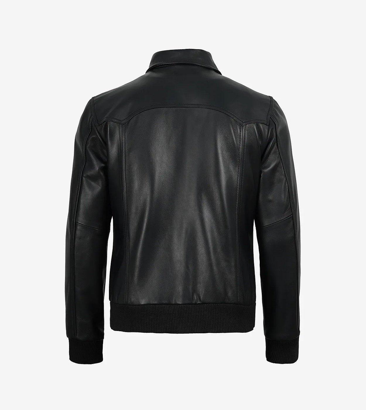 Men'S Black Shirt Collar Leather Bomber Jacket