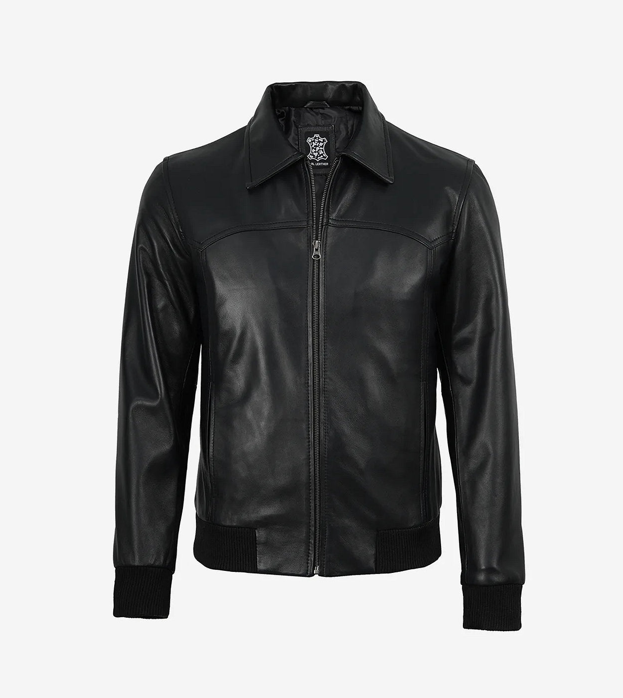 Men'S Black Shirt Collar Leather Bomber Jacket