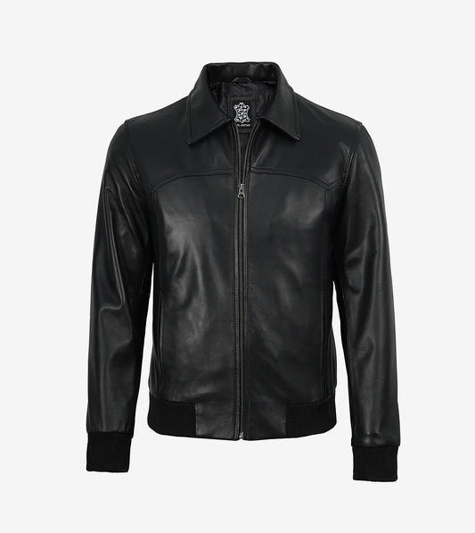 Men'S Black Shirt Collar Leather Bomber Jacket
