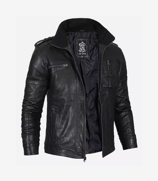 Men'S Black Washed Leather Biker Style Jacket