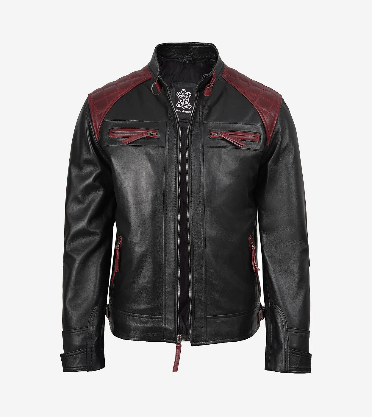 Men'S Black And Maroon Cafe Racer Leather Jacket - Quilted Shoulder