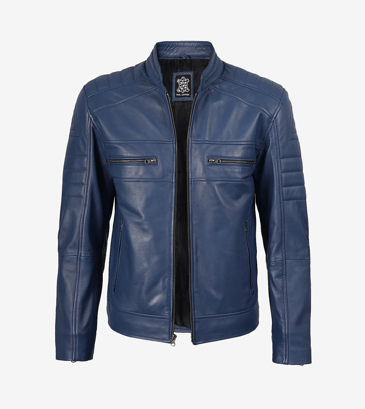 Men'S Blue Cafe Racer Style Leather Jacket