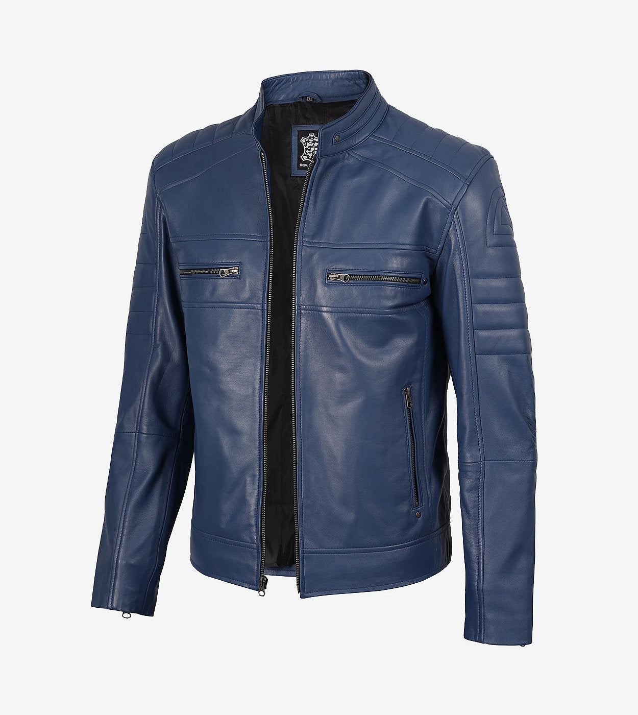 Men'S Blue Cafe Racer Style Leather Jacket