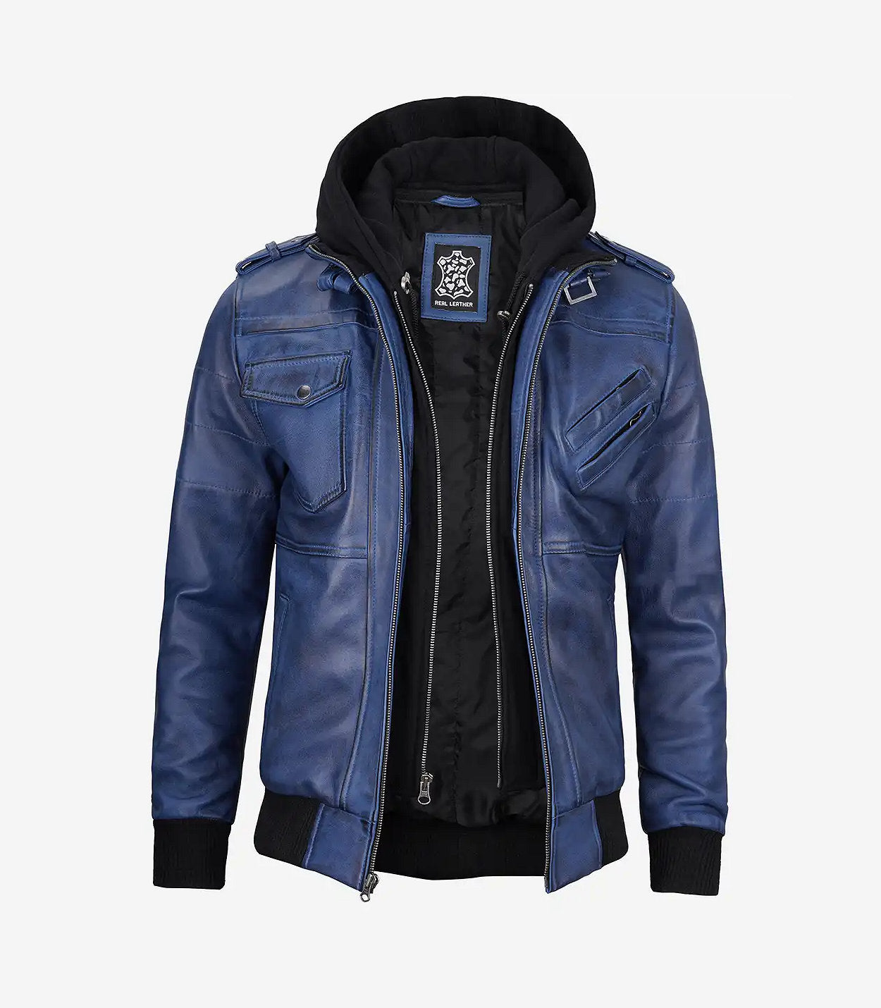 Men'S Blue Wax Leather Bomber Jacket With Removable Hood
