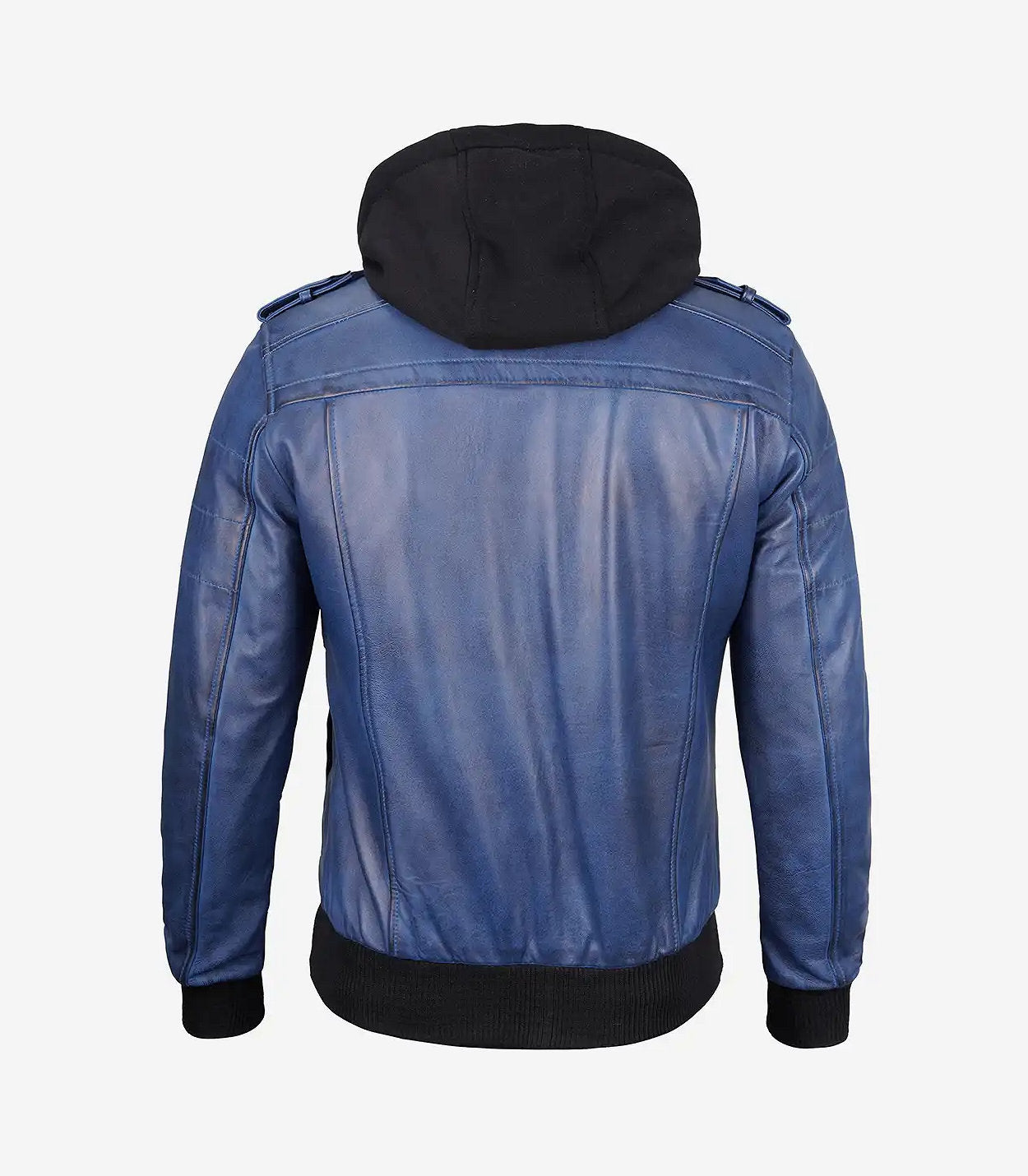 Men'S Blue Wax Leather Bomber Jacket With Removable Hood