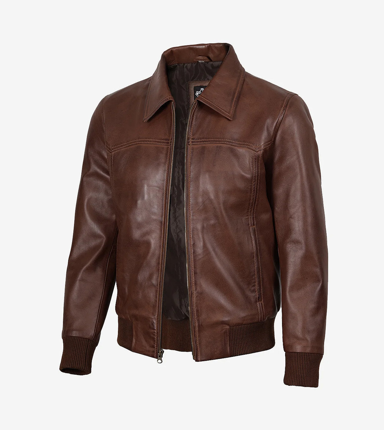 Men'S Brown Shirt Collar Leather Bomber Jacket