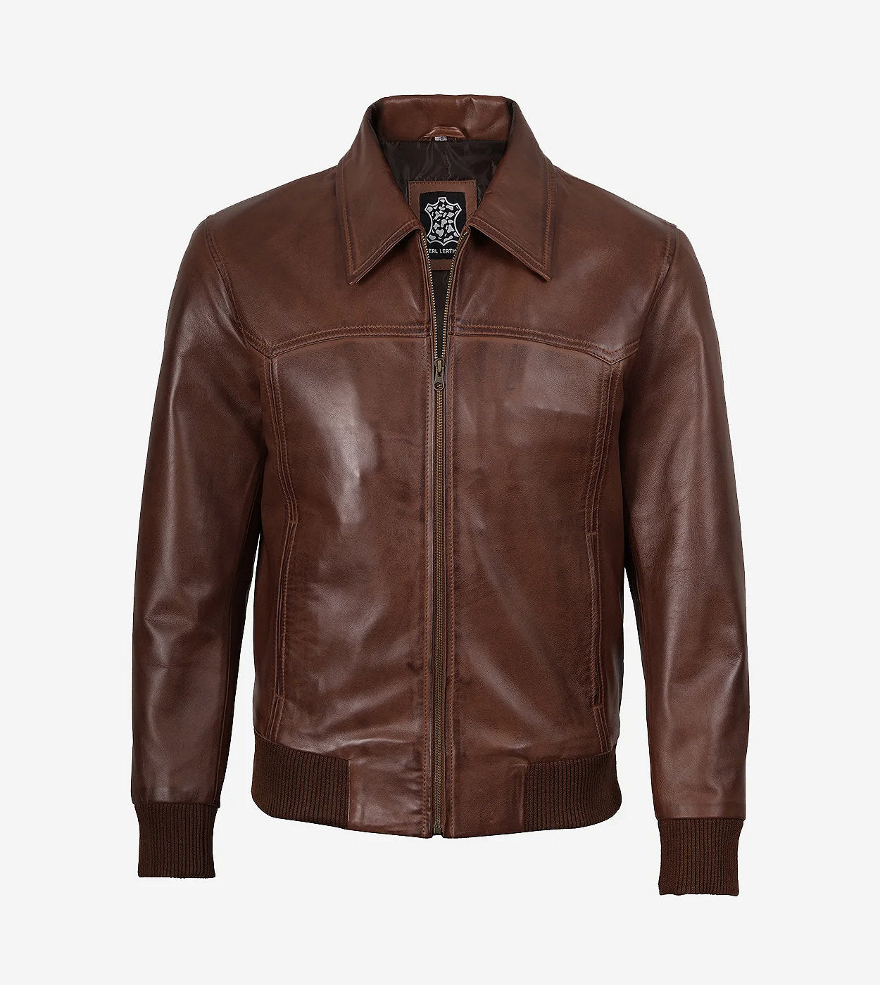 Men'S Brown Shirt Collar Leather Bomber Jacket