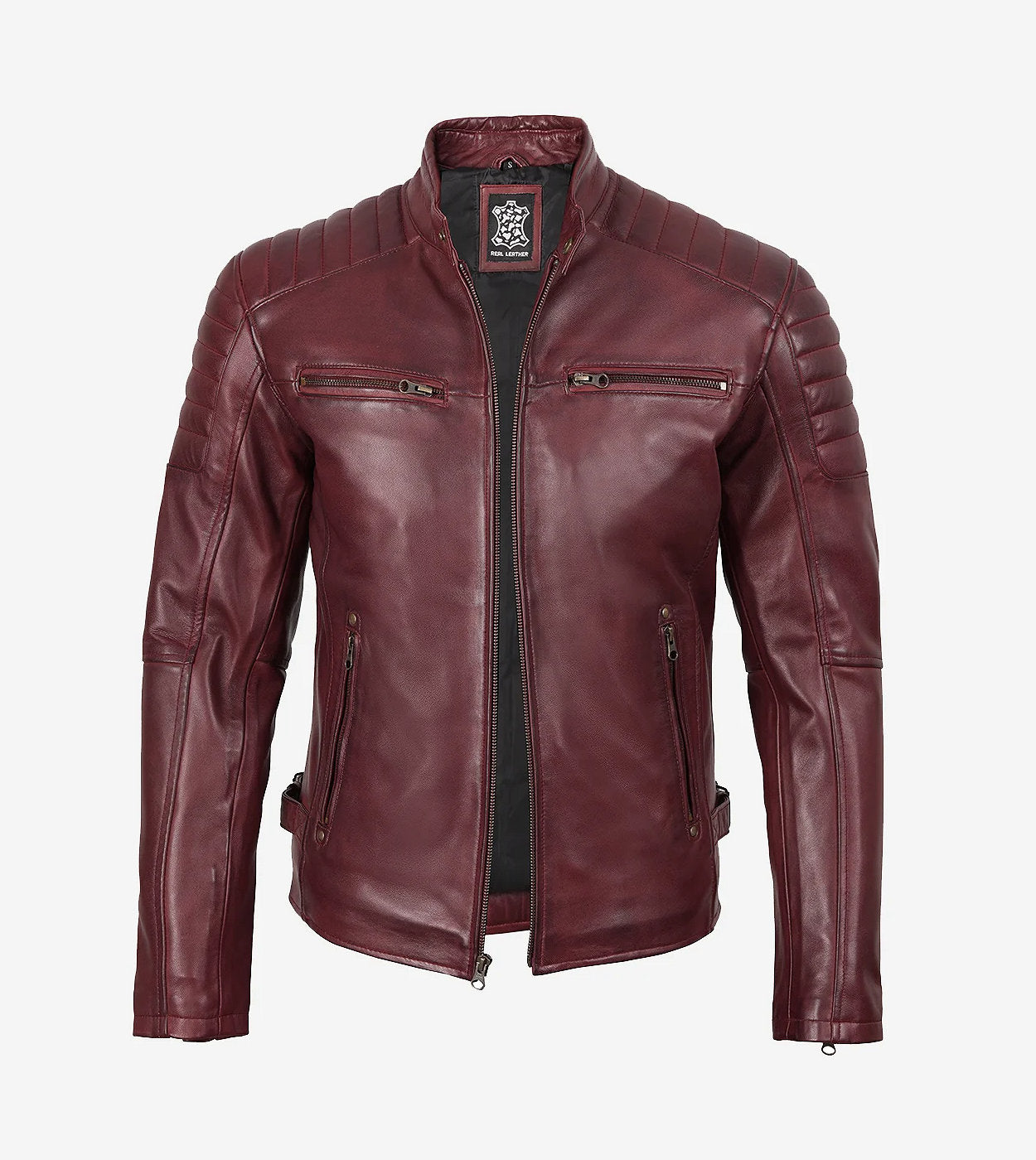 Men'S Burgundy Cafe Racer Leather Jacket