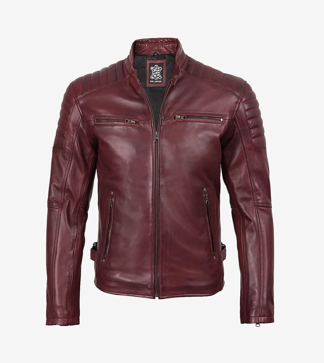 Men'S Burgundy Cafe Racer Leather Jacket