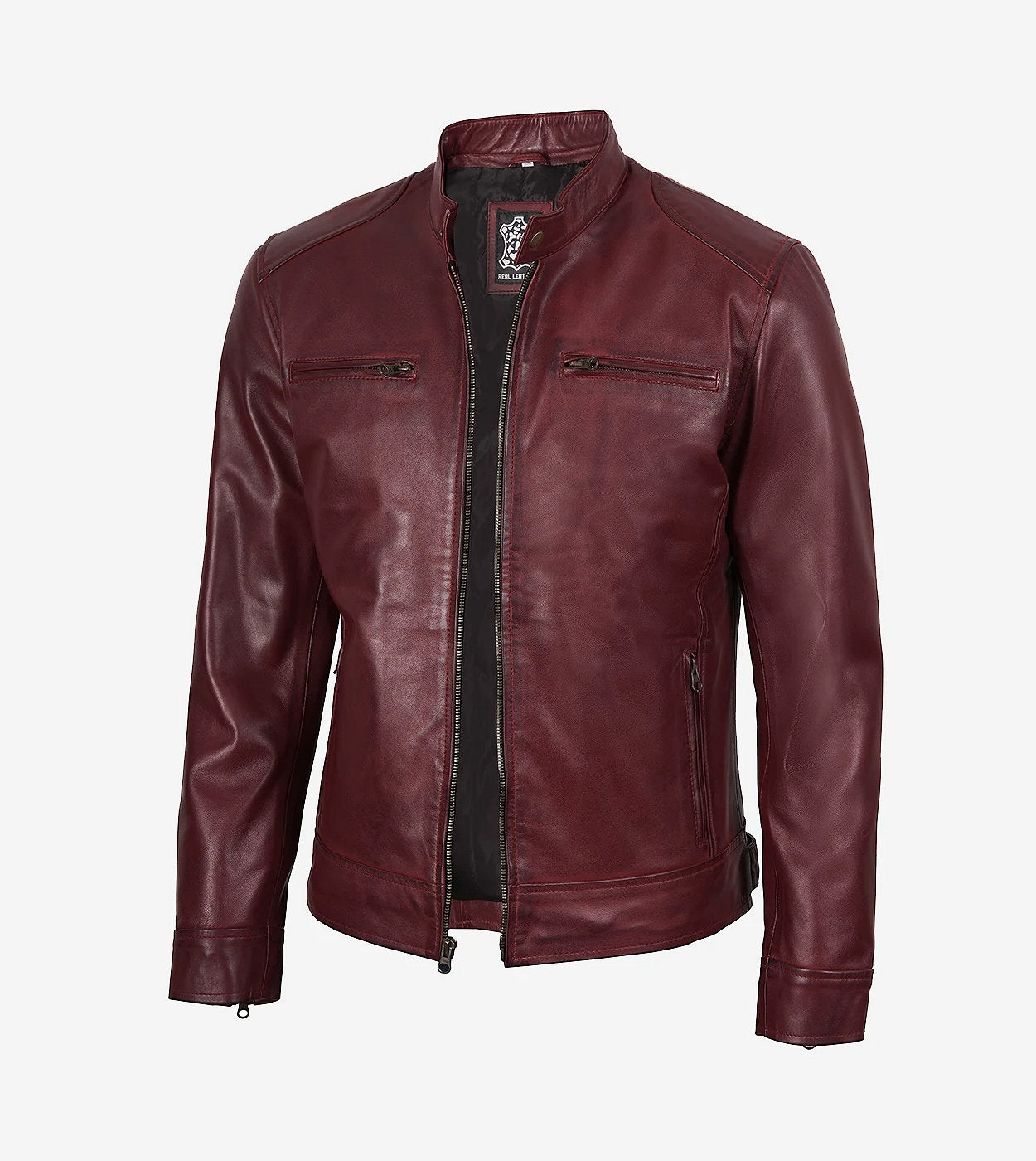 Men'S Burgundy Cafe Racer Style Leather Jacket