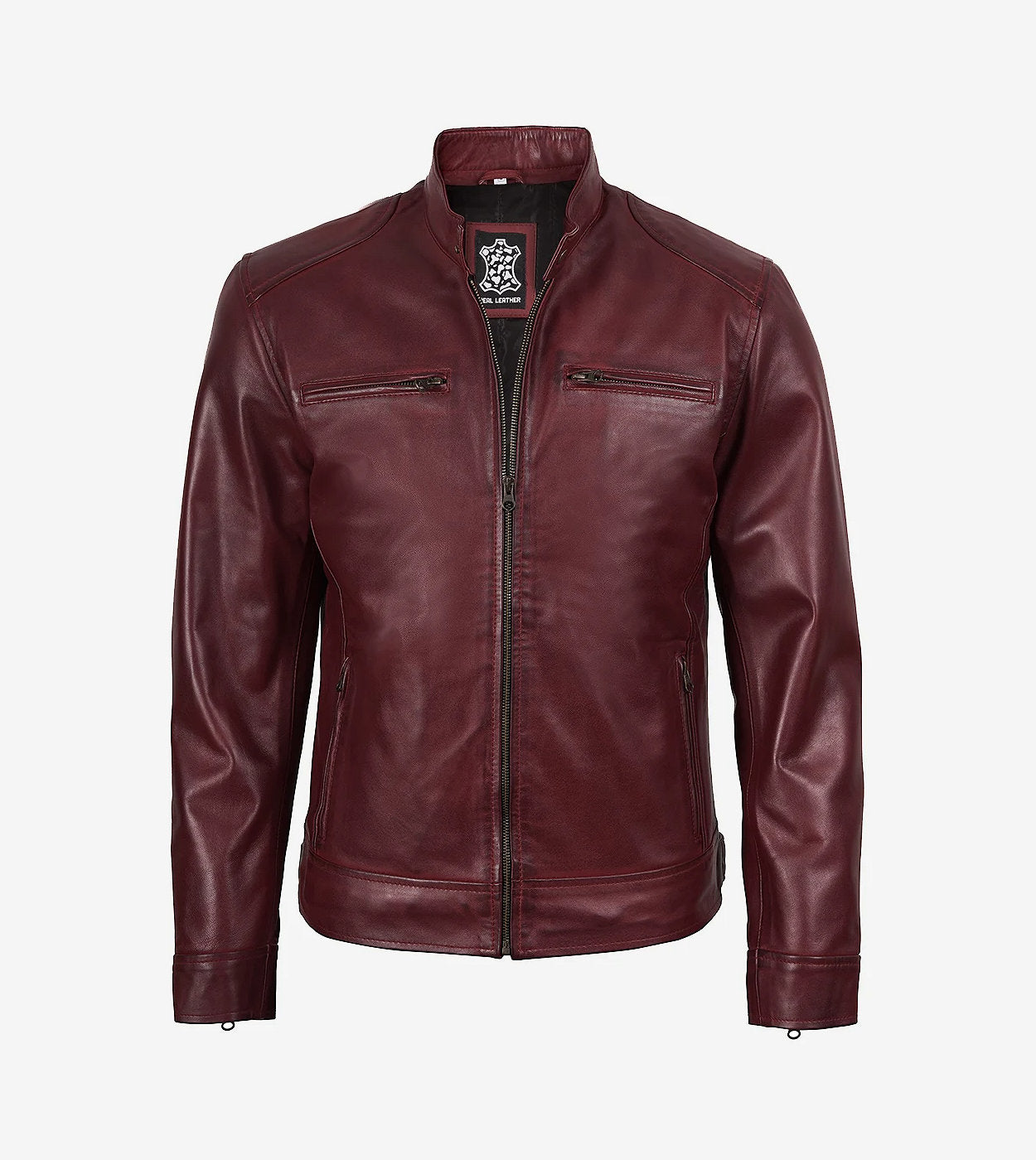 Men'S Burgundy Cafe Racer Style Leather Jacket
