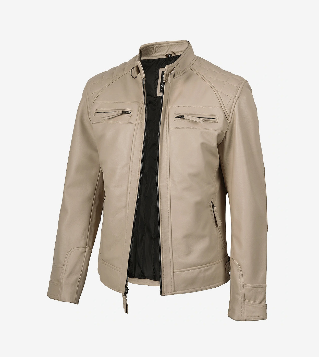 Men'S Café Racer Beige Leather Jacket - Quilted Shoulder