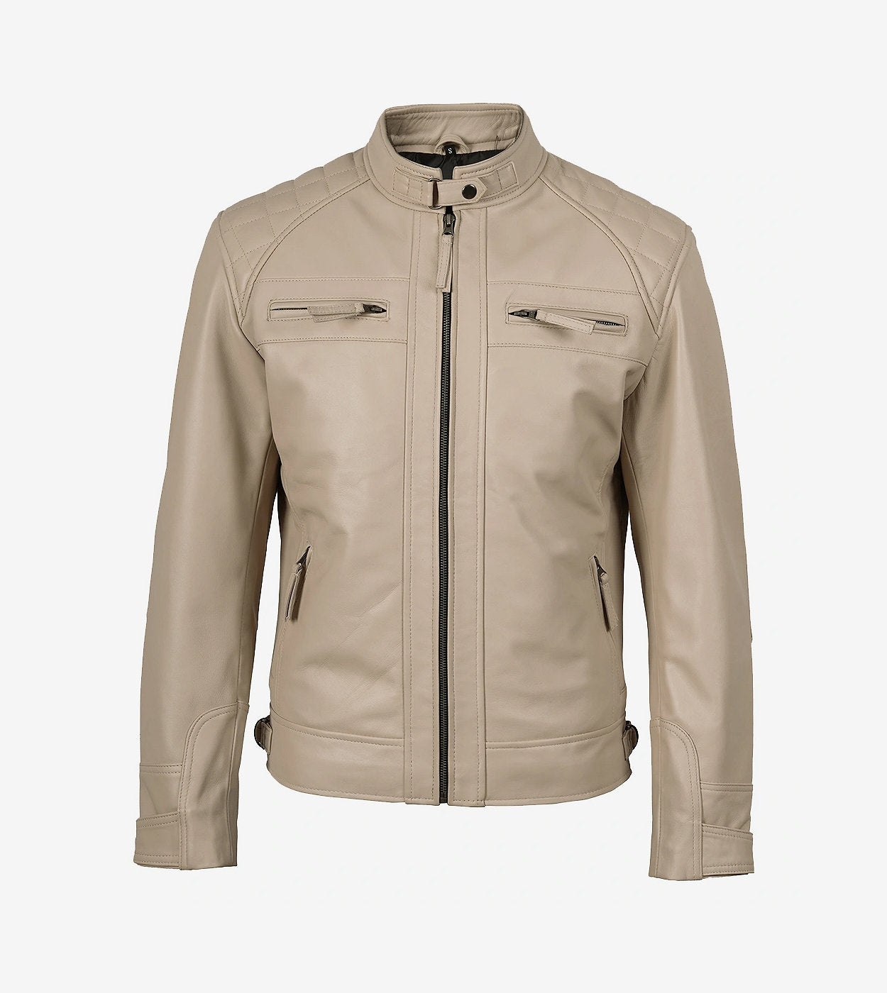 Men'S Café Racer Beige Leather Jacket - Quilted Shoulder
