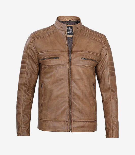 Men'S Cafe Racer Camel Brown Leather Jacket