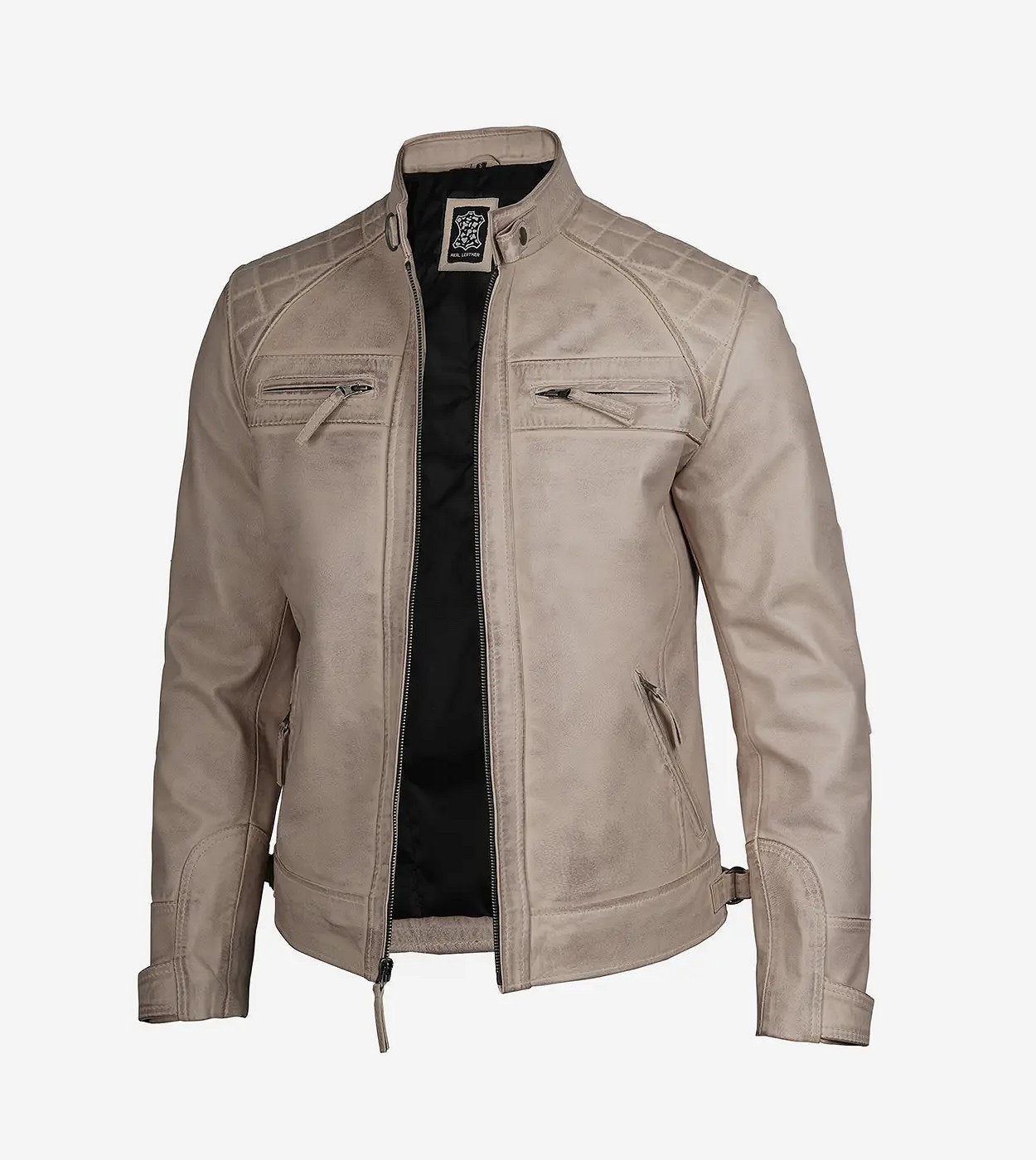 Men'S Cafe Racer Warm Beige Waxed Leather Jacket - Quilted Shoulder