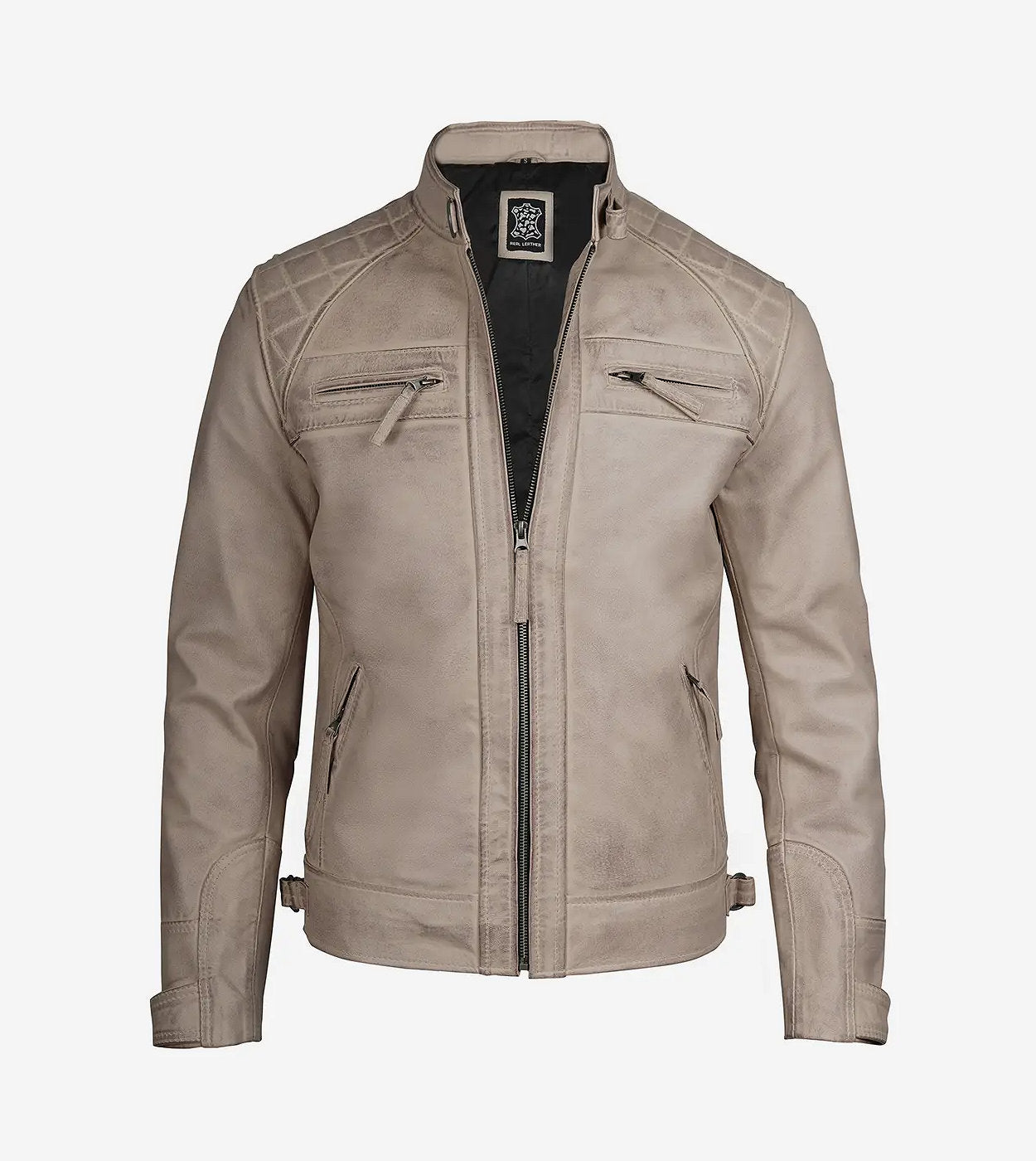 Men'S Cafe Racer Warm Beige Waxed Leather Jacket - Quilted Shoulder