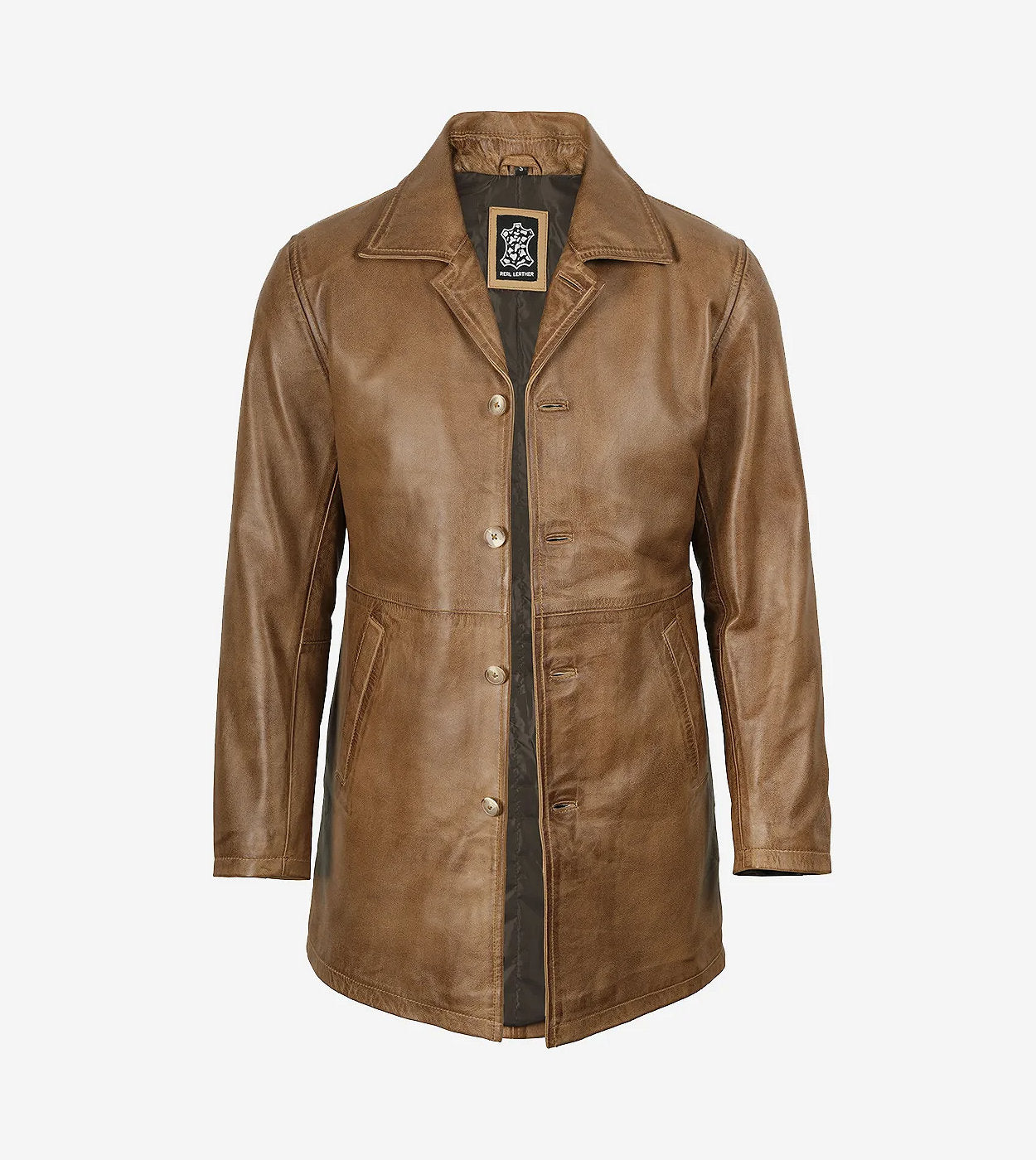 Men'S Camel Brown 3/4 Length Leather Coat