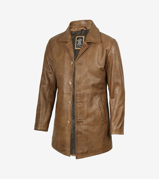 Men'S Camel Brown 3/4 Length Leather Coat