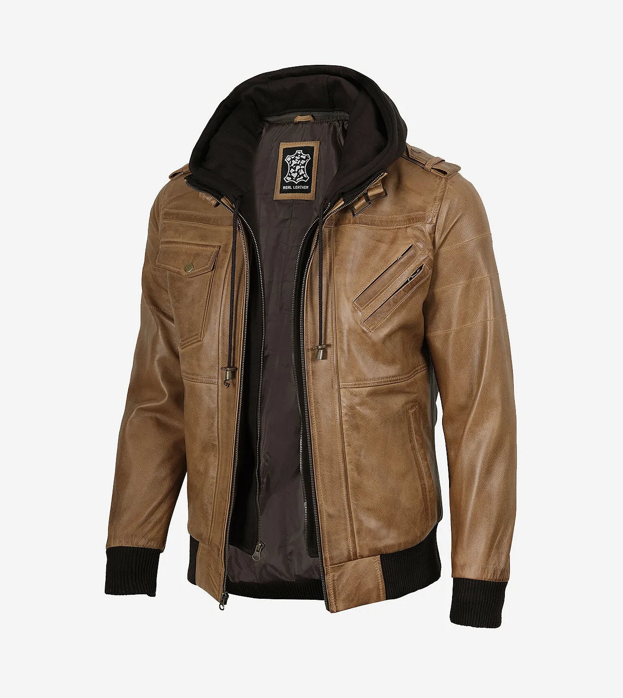 Men'S Camel Brown Bomber Leather Jacket (Removable Hood)