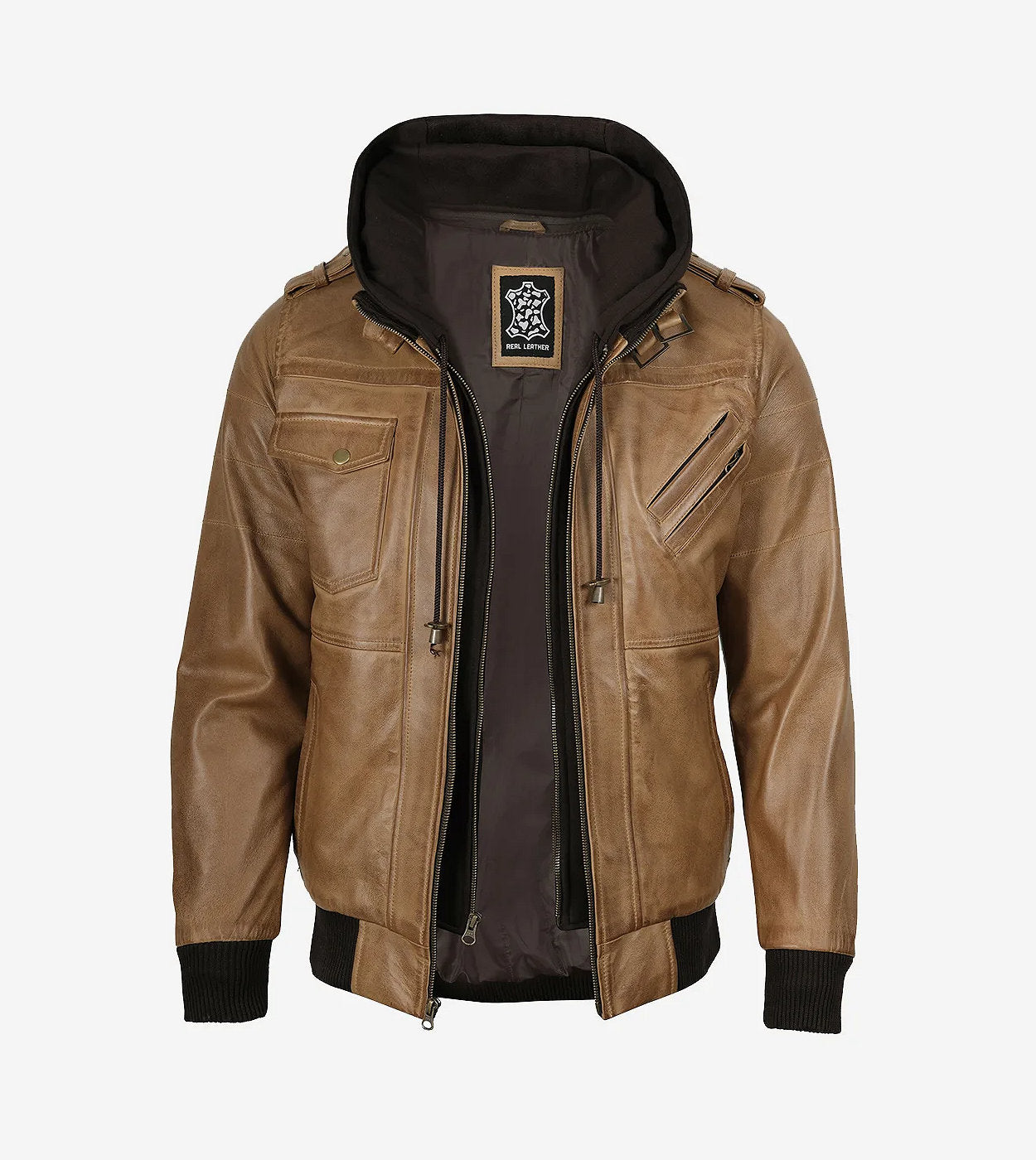 Men'S Camel Brown Bomber Leather Jacket (Removable Hood)