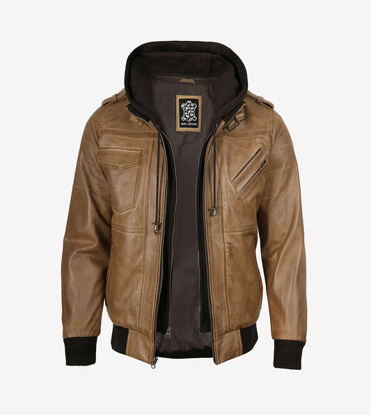 Men'S Camel Brown Bomber Leather Jacket (Removable Hood)