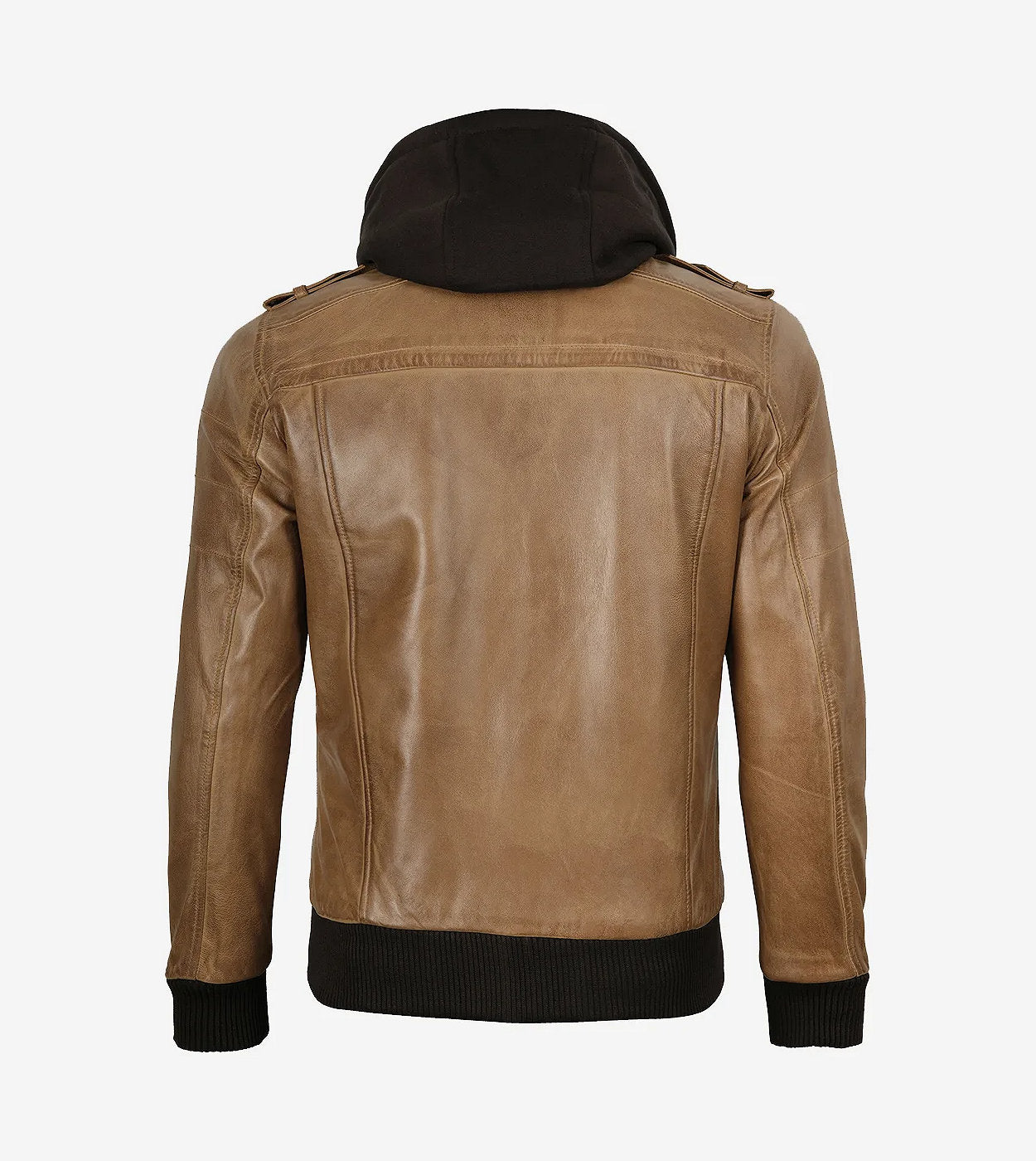 Men'S Camel Brown Bomber Leather Jacket (Removable Hood)