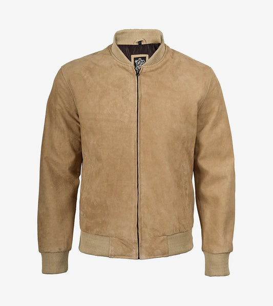 Men'S Camel Suede Bomber Jacket
