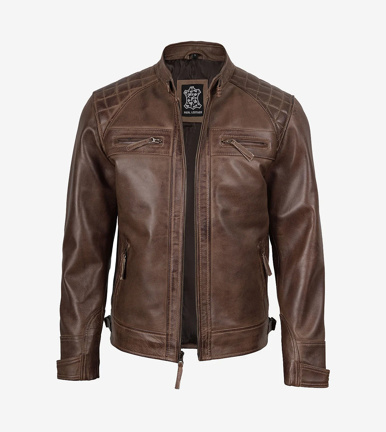 Men'S Chocolate Brown Biker Style Leather Jacket - Quilted Shoulders