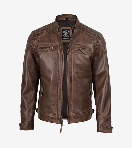 Men'S Chocolate Brown Biker Style Leather Jacket - Quilted Shoulders