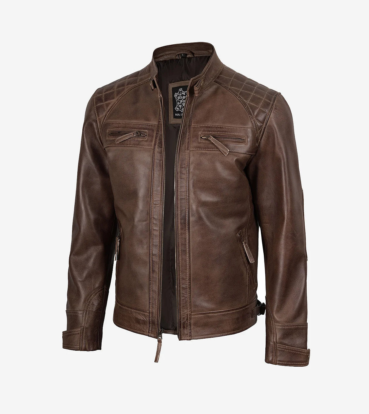 Men'S Chocolate Brown Biker Style Leather Jacket - Quilted Shoulders