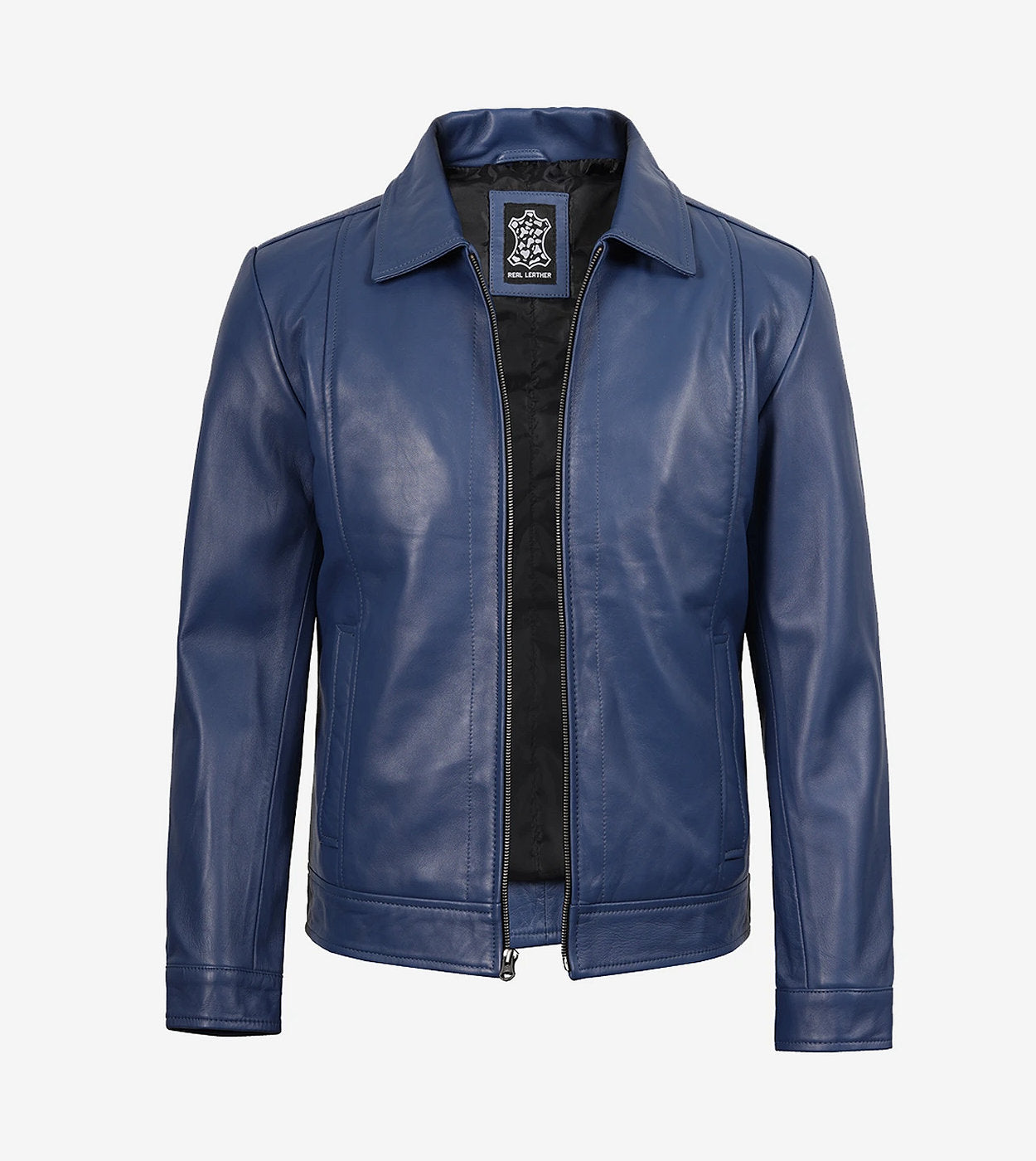 Men'S Classic Blue Leather Jacket With Shirt Collar