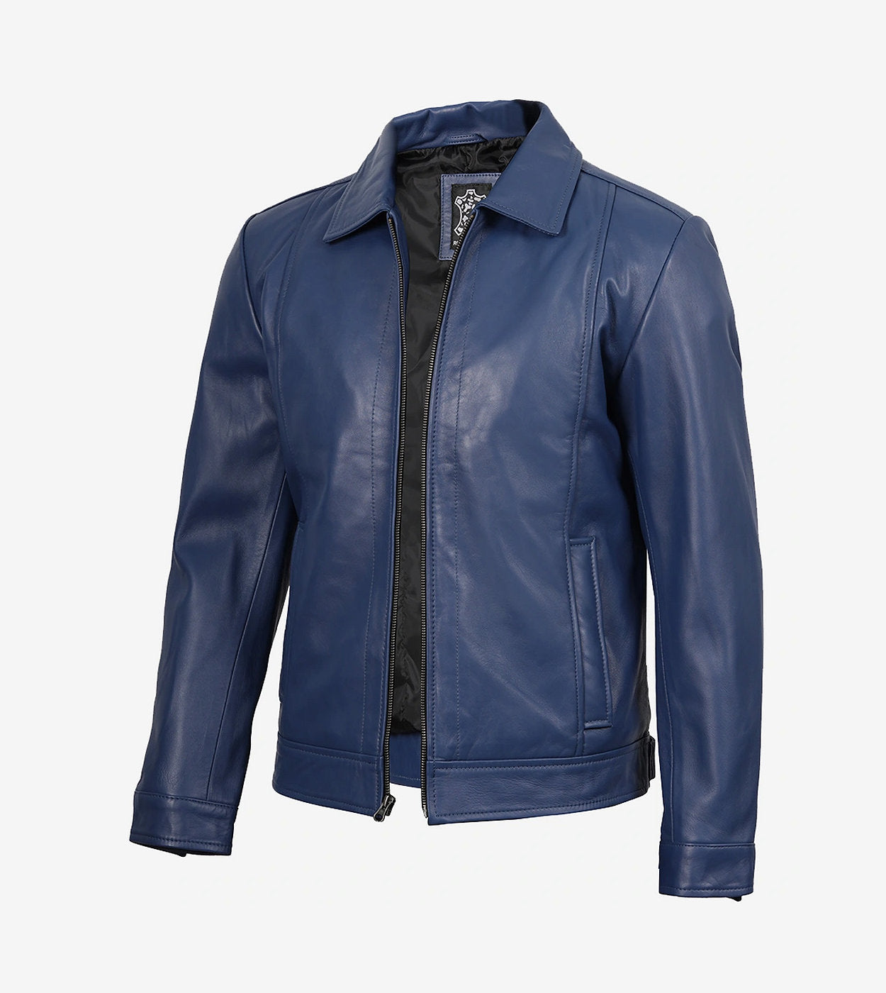 Men'S Classic Blue Leather Jacket With Shirt Collar