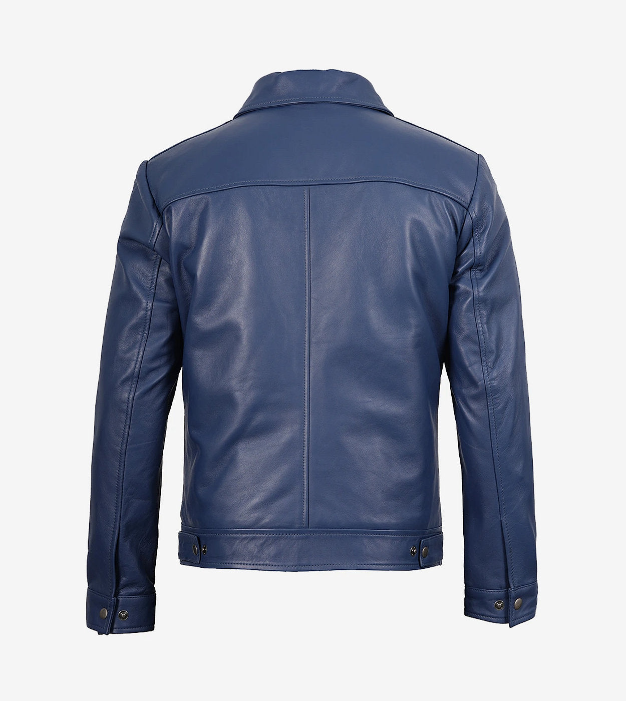 Men'S Classic Blue Leather Jacket With Shirt Collar