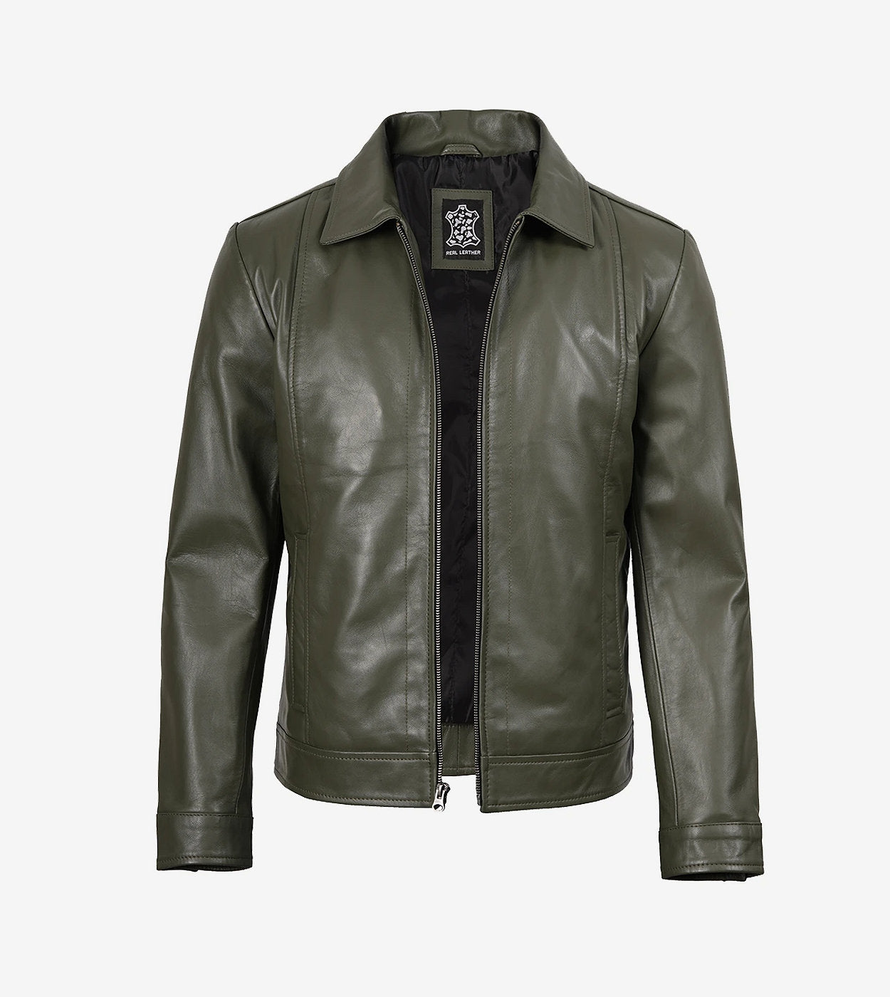Men'S Classic Shirt Collar Olive Green Leather Jacket
