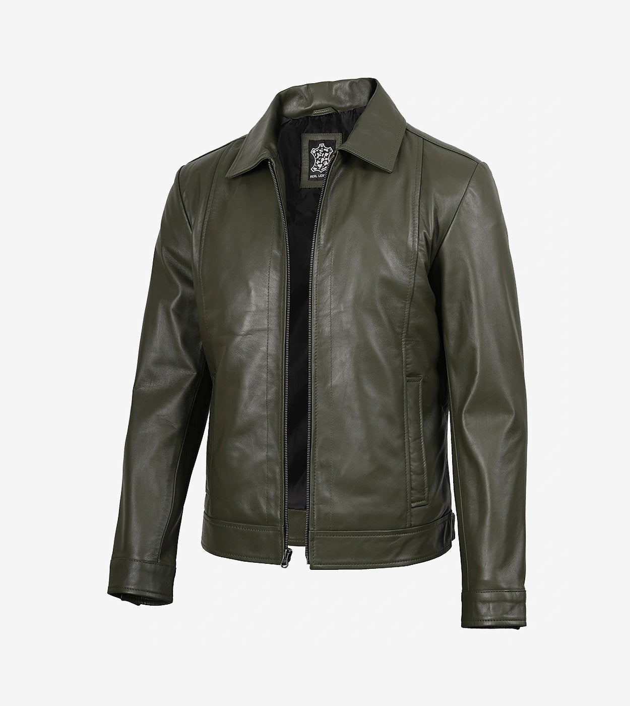 Men'S Classic Shirt Collar Olive Green Leather Jacket