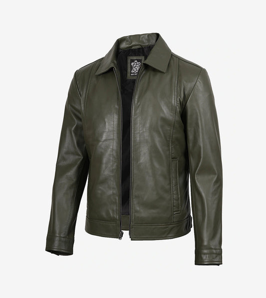 Men'S Classic Shirt Collar Olive Green Leather Jacket