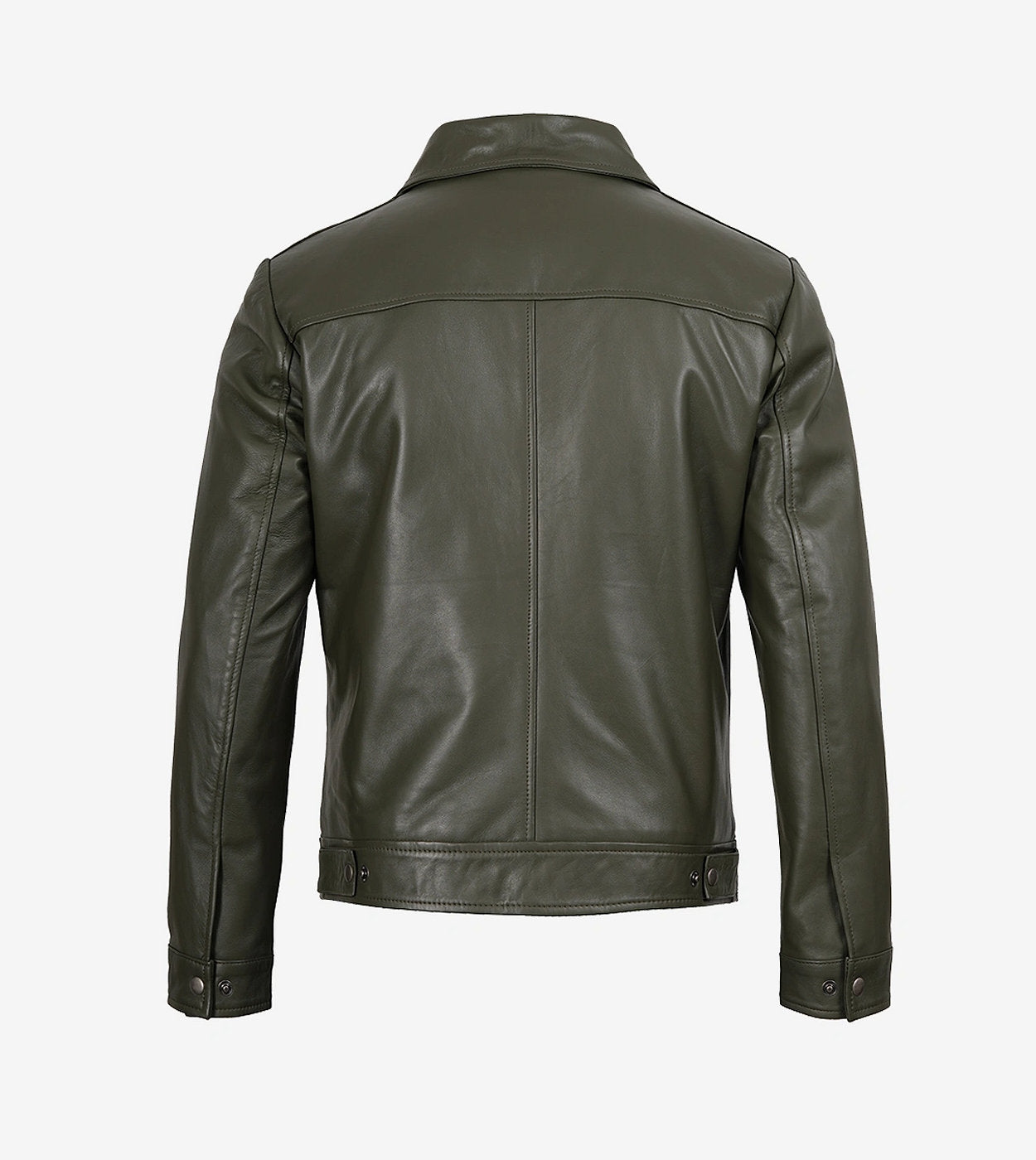 Men'S Classic Shirt Collar Olive Green Leather Jacket