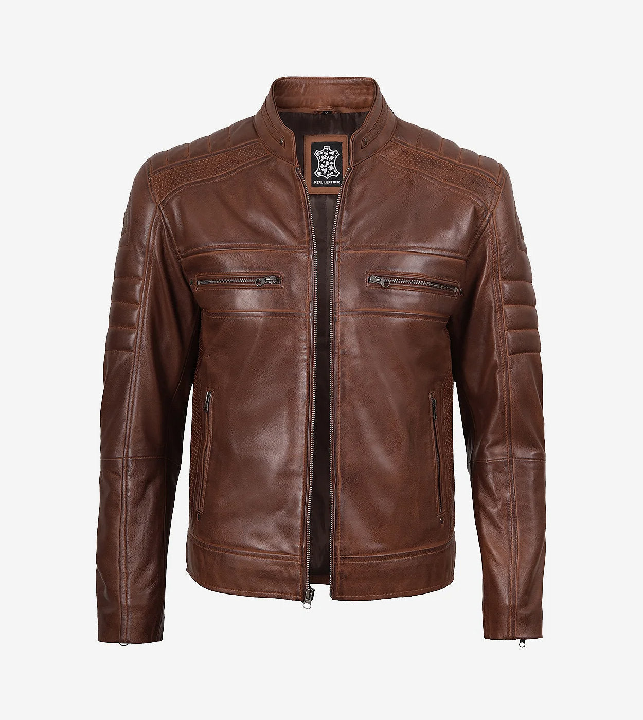 Men'S Cognac Cafe Racer Leather Jacket