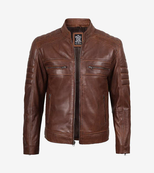 Men'S Cognac Cafe Racer Leather Jacket