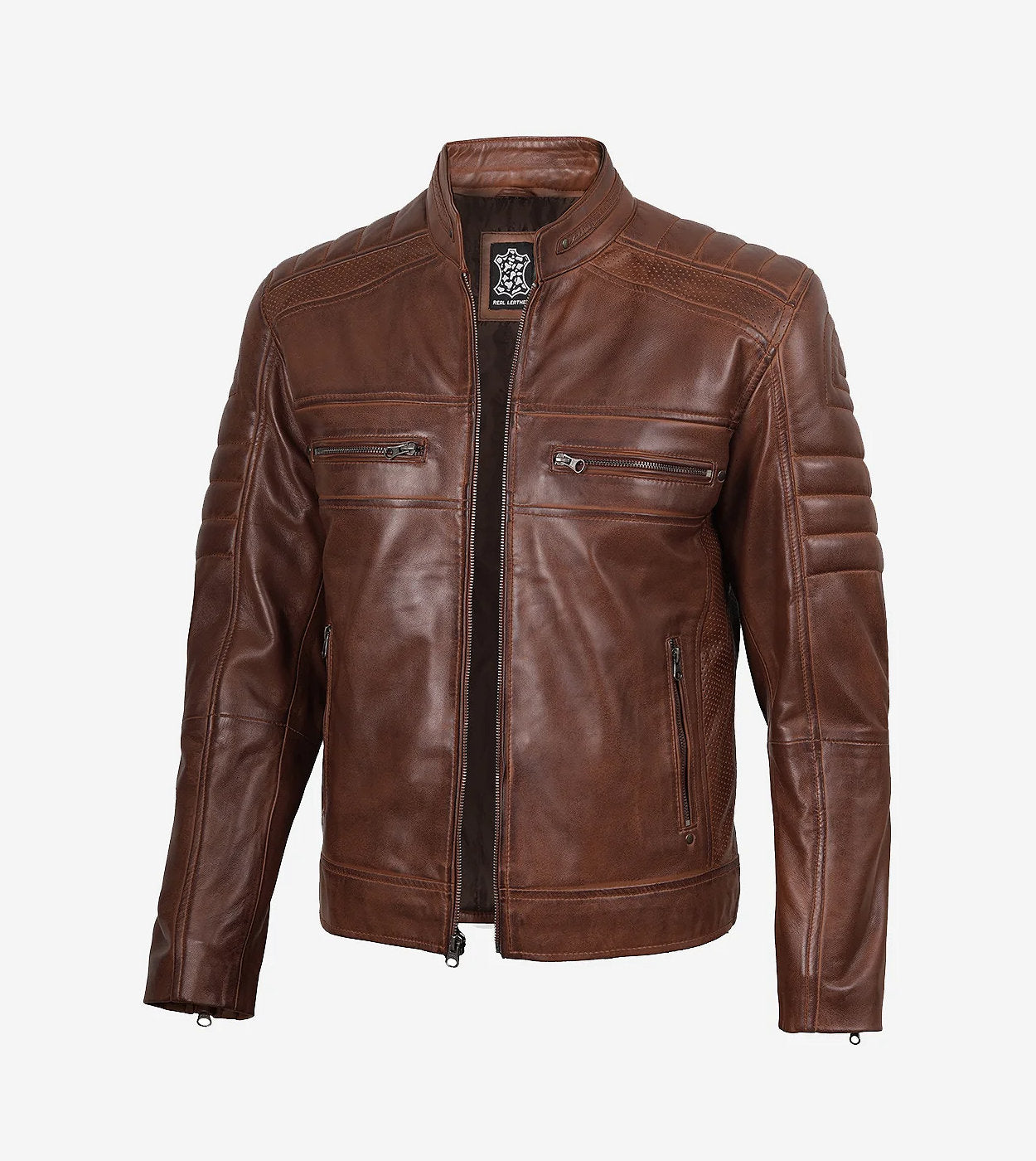 Men'S Cognac Cafe Racer Leather Jacket