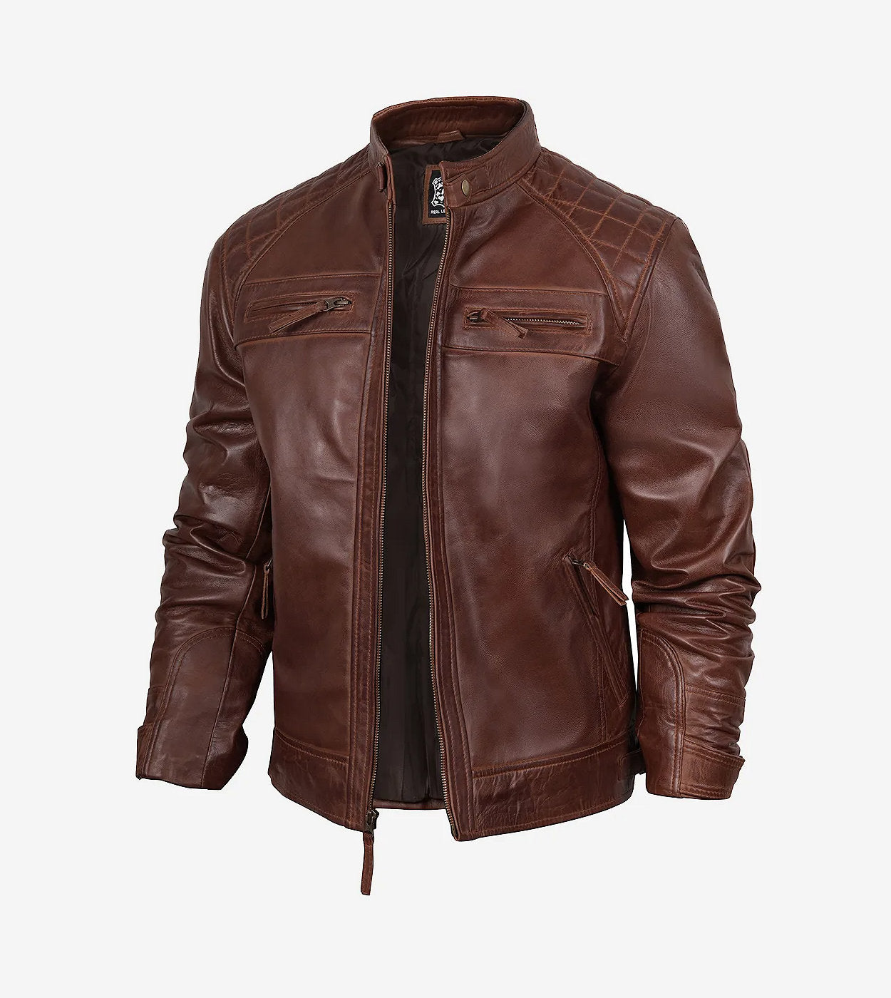 Men'S Cognac Leather Biker Style Jacket - Quilted Shoulder