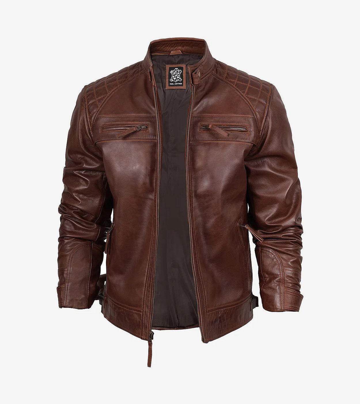 Men'S Cognac Leather Biker Style Jacket - Quilted Shoulder
