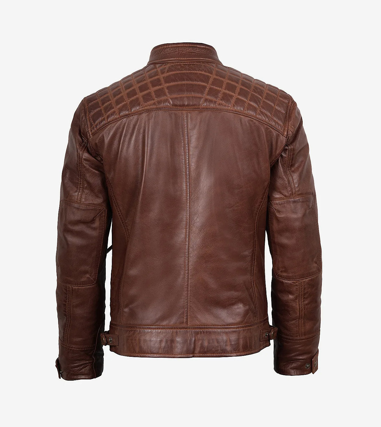 Men'S Cognac Leather Biker Style Jacket - Quilted Shoulder