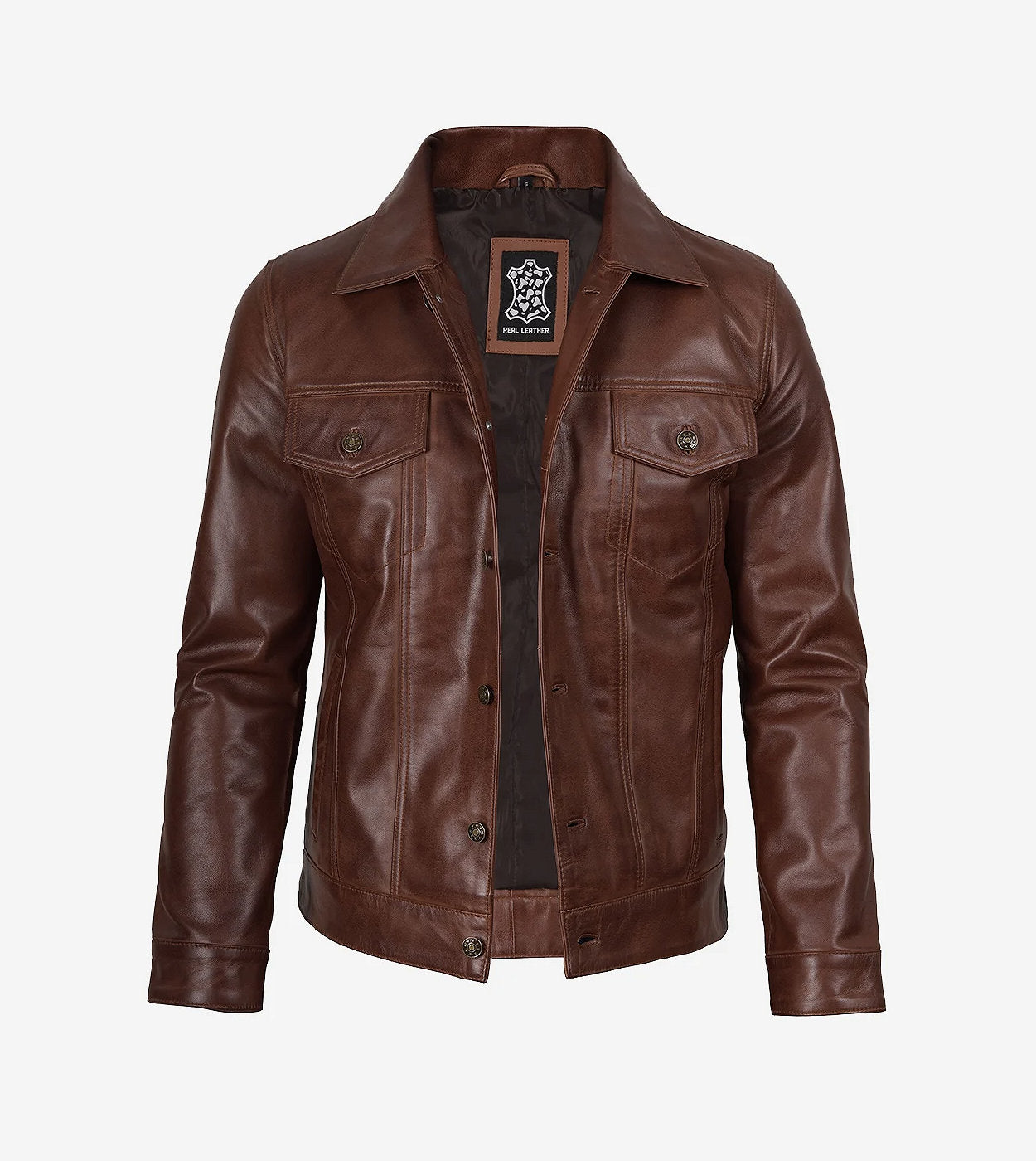 Men'S Cognac Trucker Leather Jacket - Classic Shirt Style