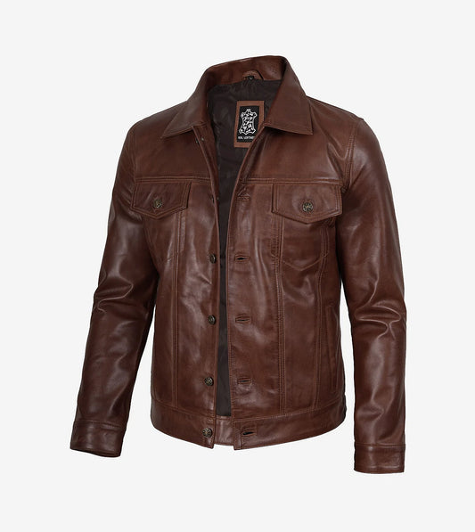 Men'S Cognac Trucker Leather Jacket - Classic Shirt Style