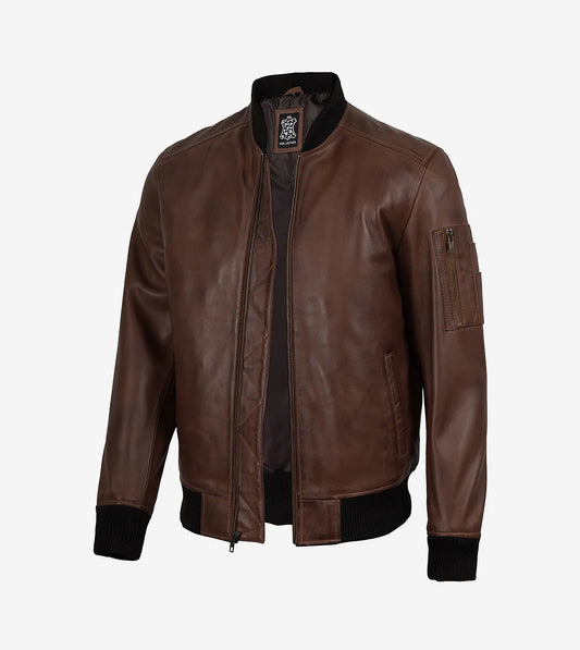 Men'S Cognac Waxed Real Leather Bomber Jacket