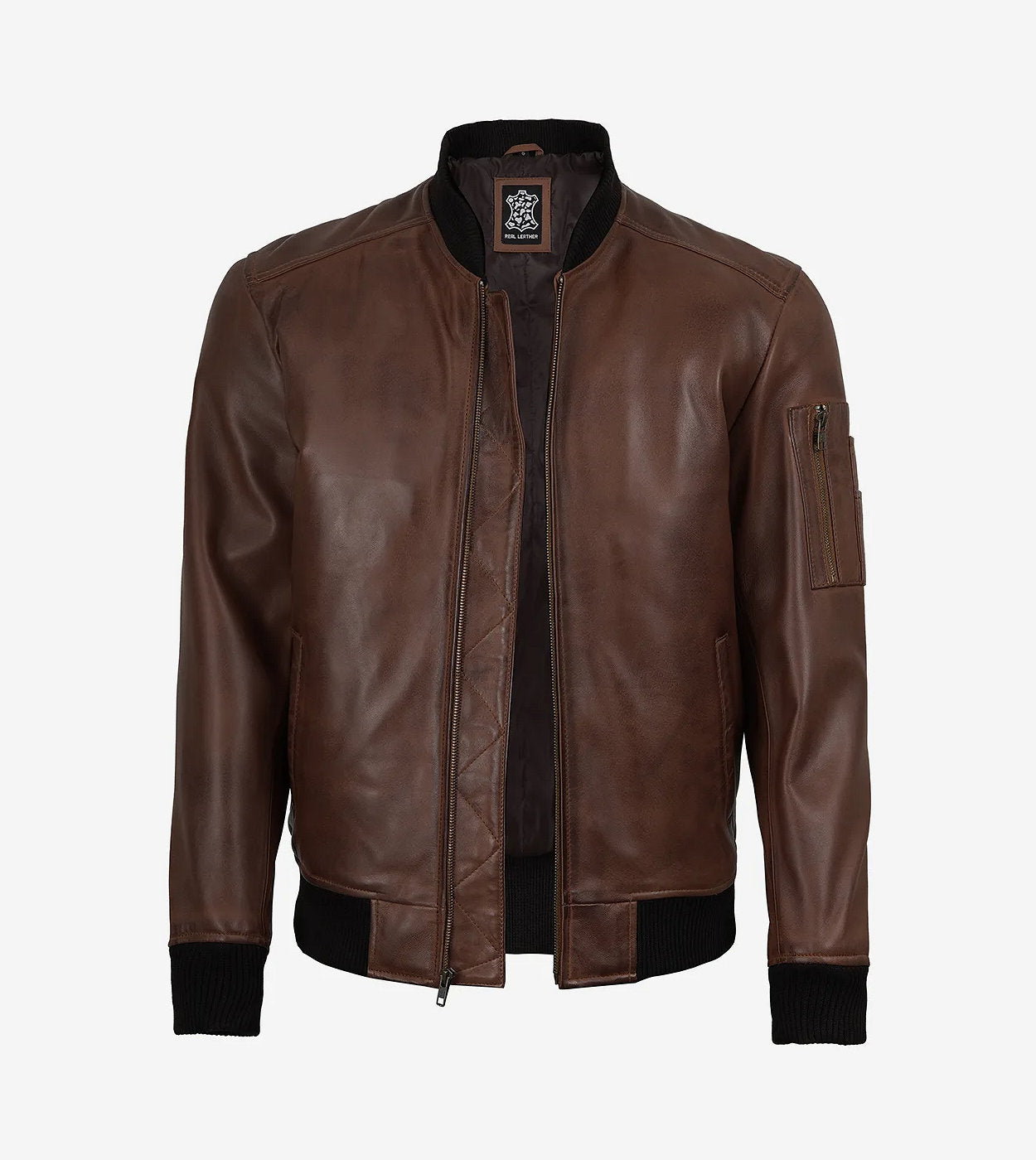 Men'S Cognac Waxed Real Leather Bomber Jacket